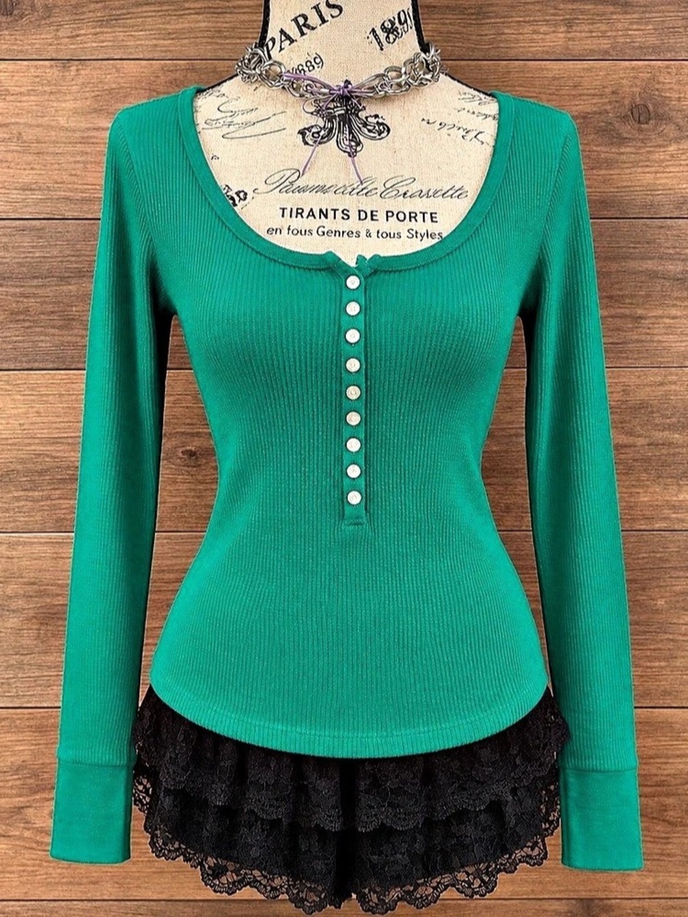 Aeropostale Stretch Long Sleeve Multi-Button Henley Green Medium